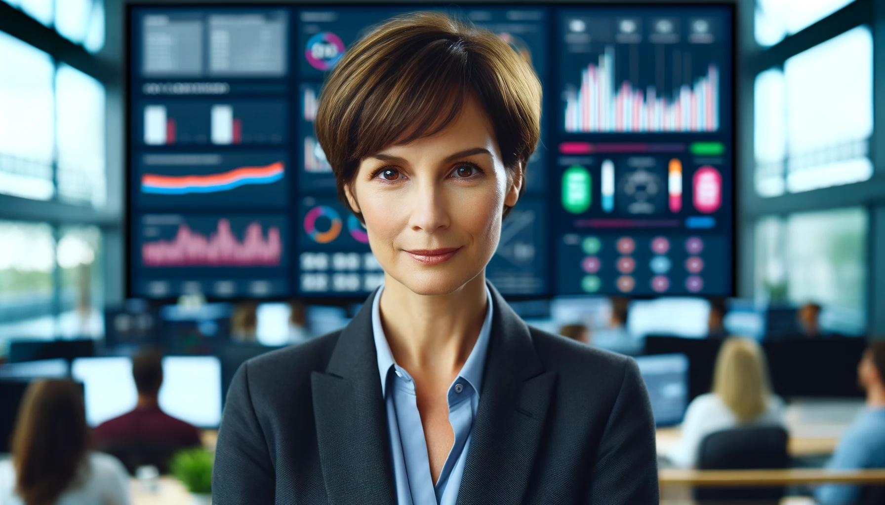 Ein Porträtfoto von CEO Anna Müller, die vor einem großen Bildschirm mit Unternehmenskennzahlen steht