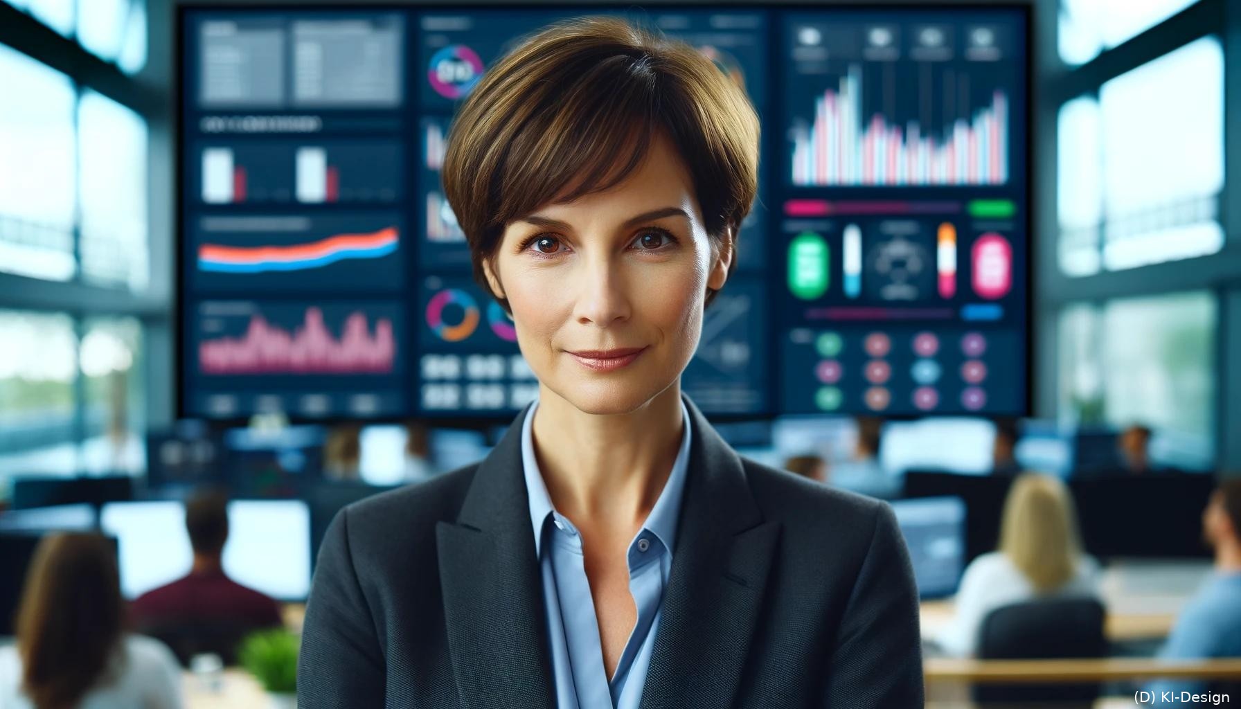 Ein Porträtfoto von CEO Anna Müller, die vor einem großen Bildschirm mit Unternehmenskennzahlen steht