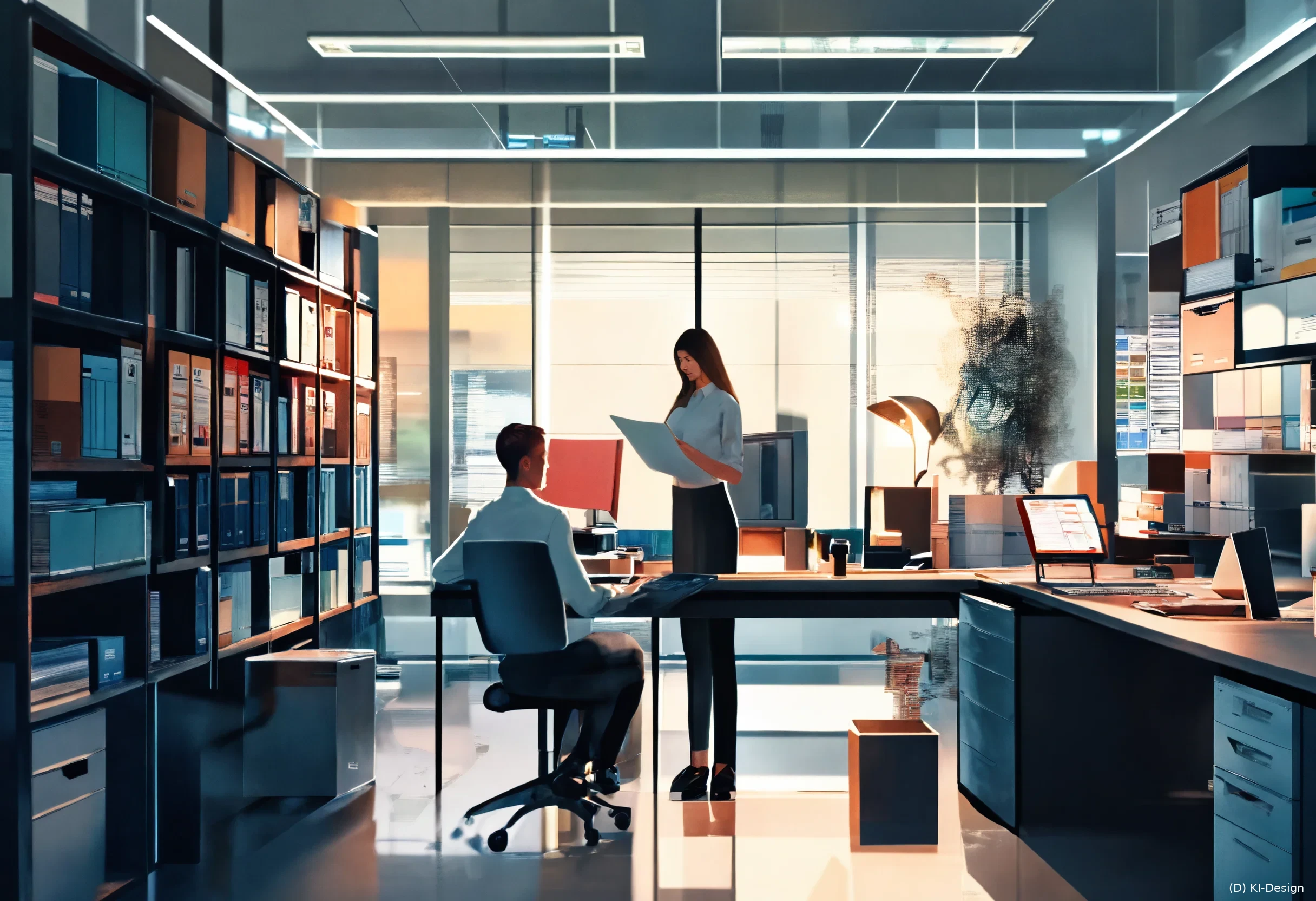 Effektives Datenmanagement mit Enterprise Content Management Eine Illustration eines Büros, in dem sowohl physische als auch digitale Dokumente organisiert und zentral verwaltet werden.