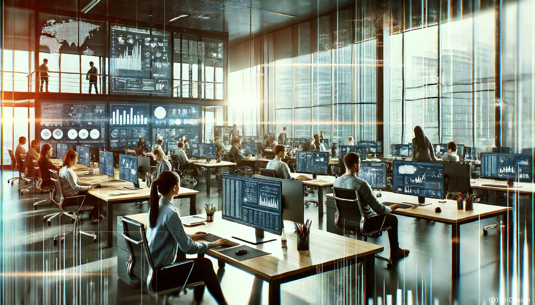 Datenkompetenz: Der Schlüssel zur Zukunft Büro mit Mitarbeitern, die an Computern arbeiten, um Daten zu analysieren. Das Bild reflektiert eine dynamische und fokussierte Arbeitsumgebung.