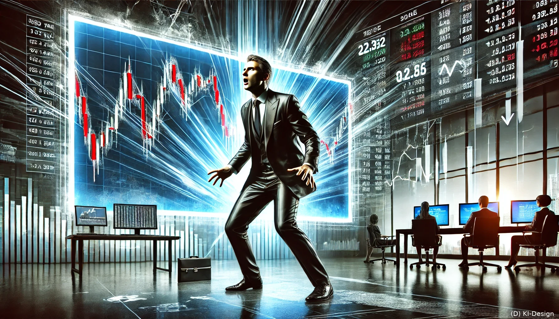 Das Bild zeigt einen alarmierten Geschäftsmann vor fallenden Aktienkursen auf einem Monitor in einem modernen Büro. Es fängt die dramatische und angespannte Atmosphäre eines Finanzskandals ein.