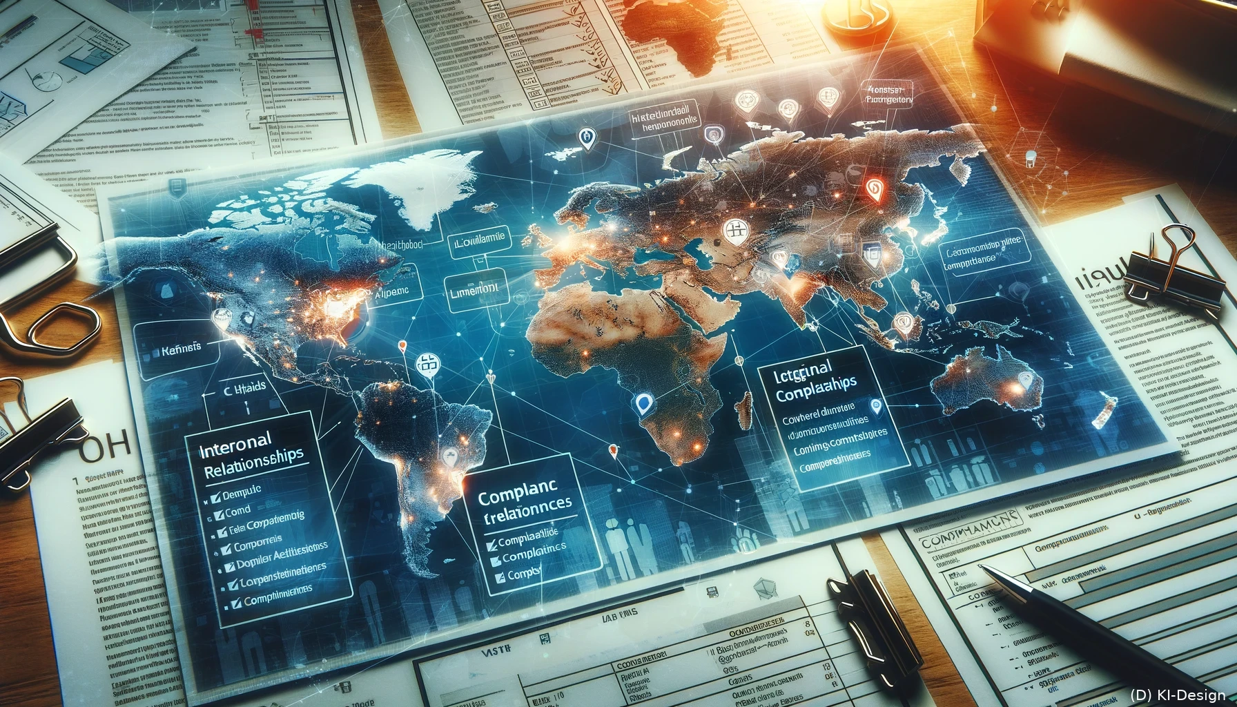 Ein unverzichtbares Werkzeug für Unternehmen Das Bild zeigt eine Weltkarte mit hervorgehobenen Ländern und Markierungen für internationale Geschäftsbeziehungen und Compliance-Bereiche. Im Hintergrund sind rechtliche Dokumente und Compliance-Checklisten zu sehen, die die Bedeutung der Einhaltung internationaler Vorschriften betonen.