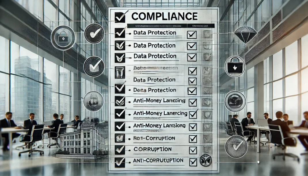 Das Bild zeigt ein modernes Bürogebäude im Hintergrund mit einer detaillierten Compliance-Checkliste im Vordergrund. Die Checkliste umfasst Punkte wie Datenschutz, Geldwäscheprävention und Anti-Korruptionsmaßnahmen, was die Bedeutung der Einhaltung regulatorischer Anforderungen in einem Unternehmensumfeld betont.