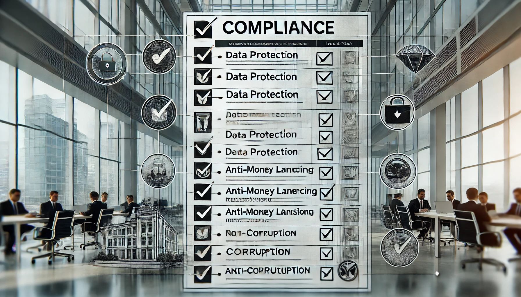 Das Bild zeigt ein modernes Bürogebäude im Hintergrund mit einer detaillierten Compliance-Checkliste im Vordergrund. Die Checkliste umfasst Punkte wie Datenschutz, Geldwäscheprävention und Anti-Korruptionsmaßnahmen, was die Bedeutung der Einhaltung regulatorischer Anforderungen in einem Unternehmensumfeld betont.