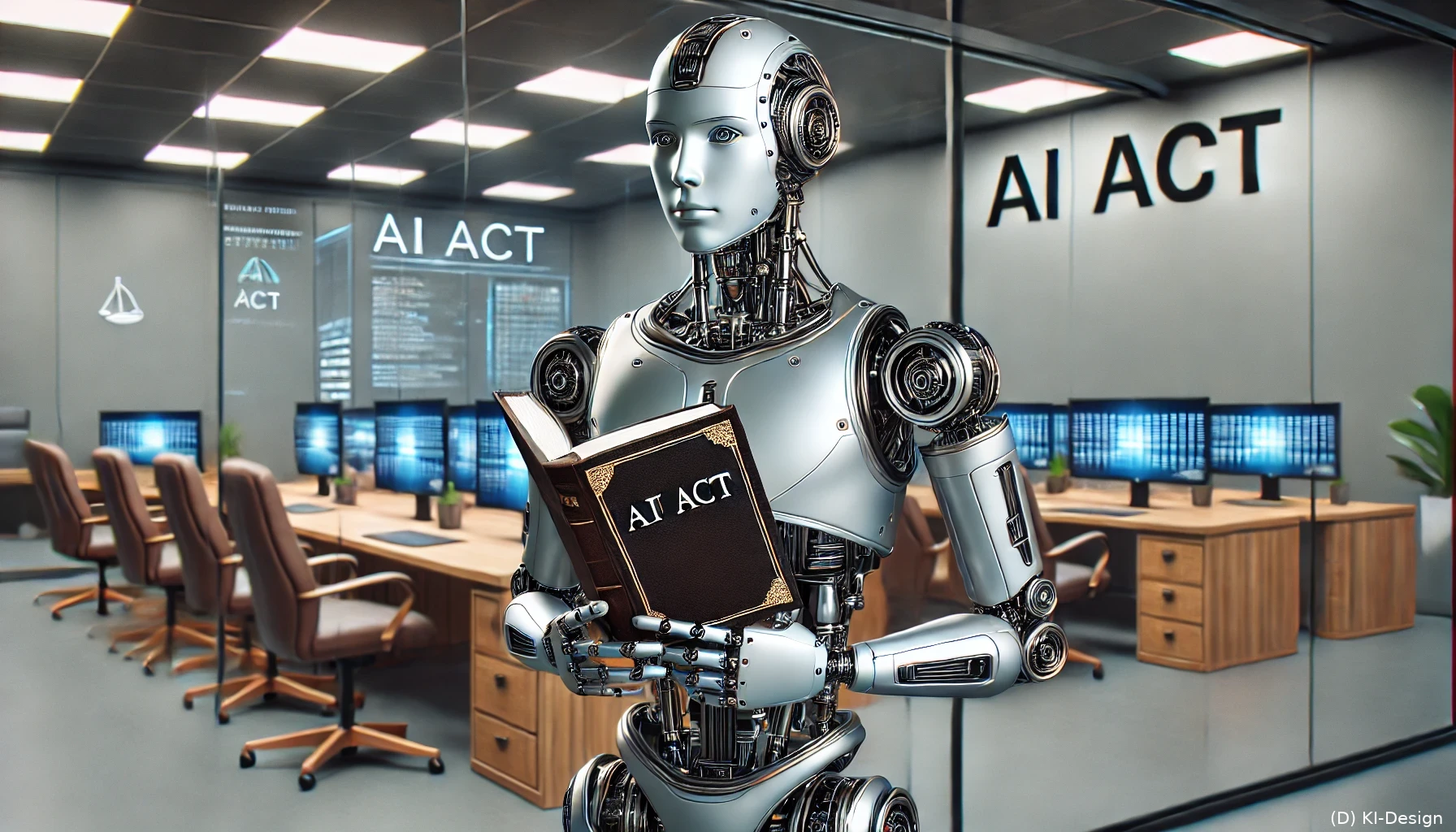 Neue Ära der KI-Regulierung: Der AI Act trat in Kraft realistische Foto eines Roboters, der ein Gesetzbuch in der Hand hält