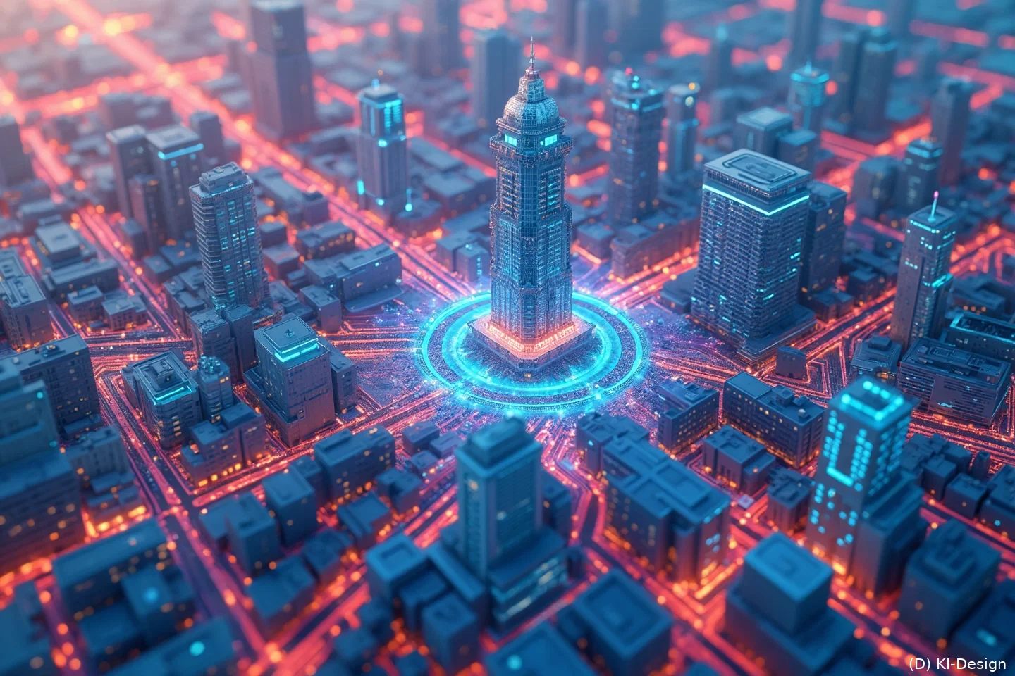 Eine Illustration von vernetzten städtischen Datenflüssen, die verschiedene kommunale Institutionen, Gebäude und Datensysteme miteinander verbinden, um den strategischen Datenfluss und die digitale Vernetzung darzustellen.