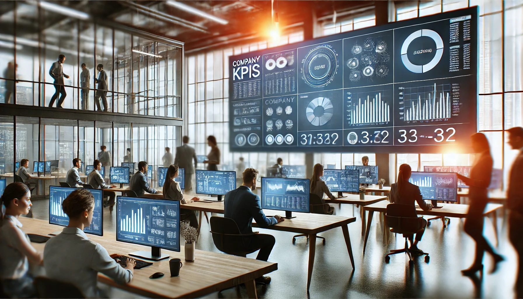 Ein Unternehmensdashboard, das KPIs in Echtzeit anzeigt, während im Hintergrund Mitarbeiter in einem modernen Büro mit Datenanalysetools arbeiten.