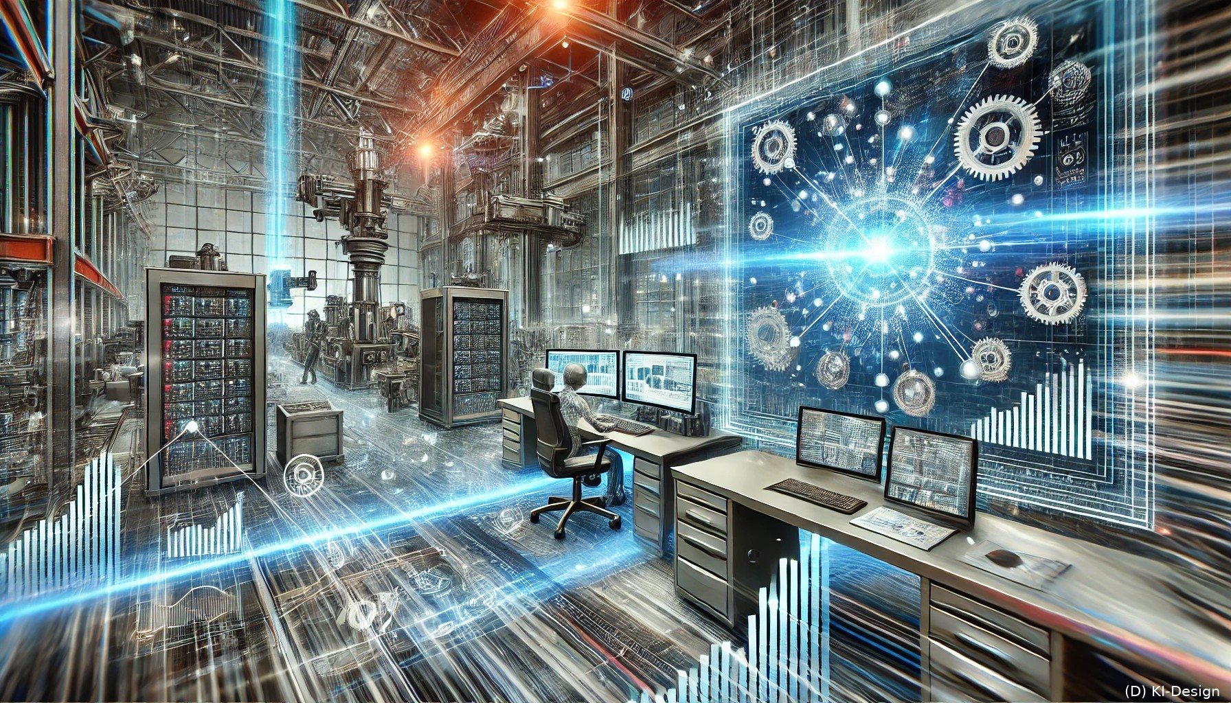 Produktivitätssprung dank smarter Datenintegration Bild, das die digitale Transformation eines modernen Maschinenbauunternehmens zeigt, bei dem Datenströme nahtlos zwischen den Abteilungen fließen. Es betont die Automatisierung und Effizienz durch Echtzeit-Datenintegration.
