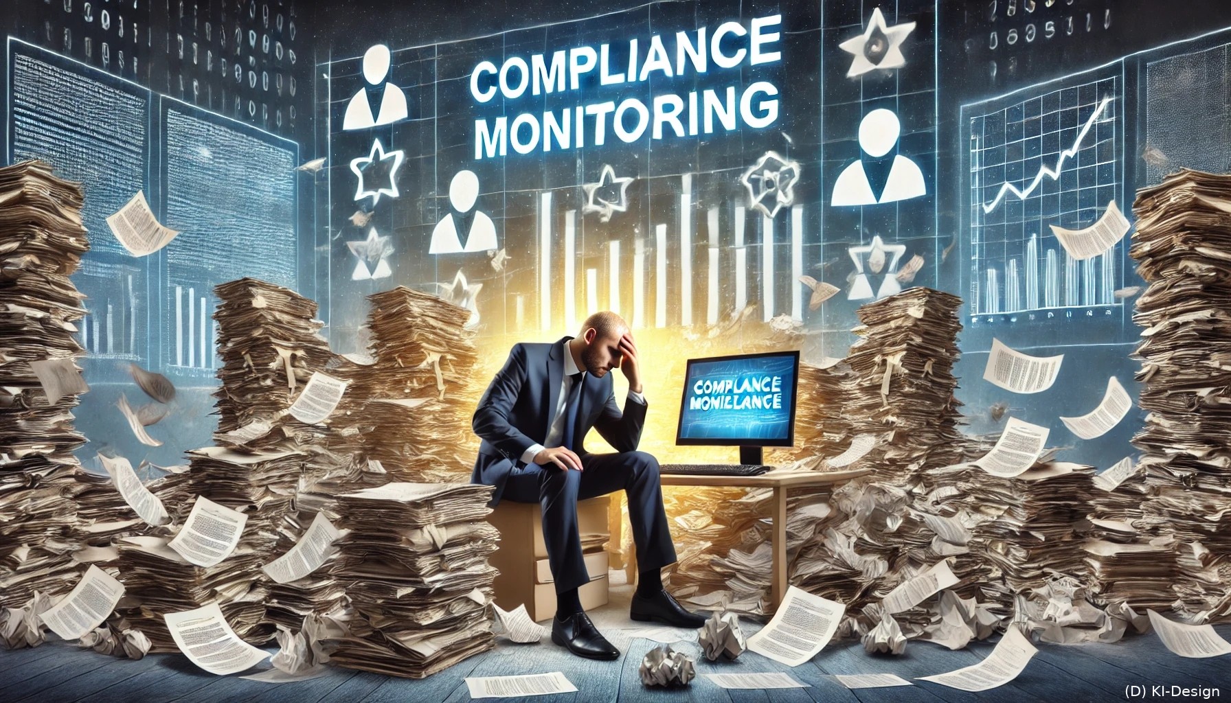 stressgeplagten Firmenchef, umgeben von einem Berg an Papierstapeln und einem leuchtenden Computerbildschirm, der "Compliance Monitoring" anzeigt.