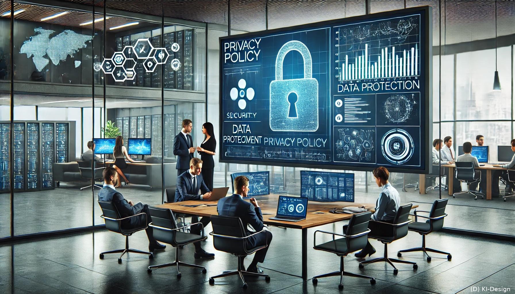 Daten unter Kontrolle Bild von Mitarbeitern in einem High-Tech-Büro zu sehen sein, die über eine Datenschutzrichtlinie diskutieren, während im Hintergrund ein großer Bildschirm mit einem Sicherheitsdashboard angezeigt wird.